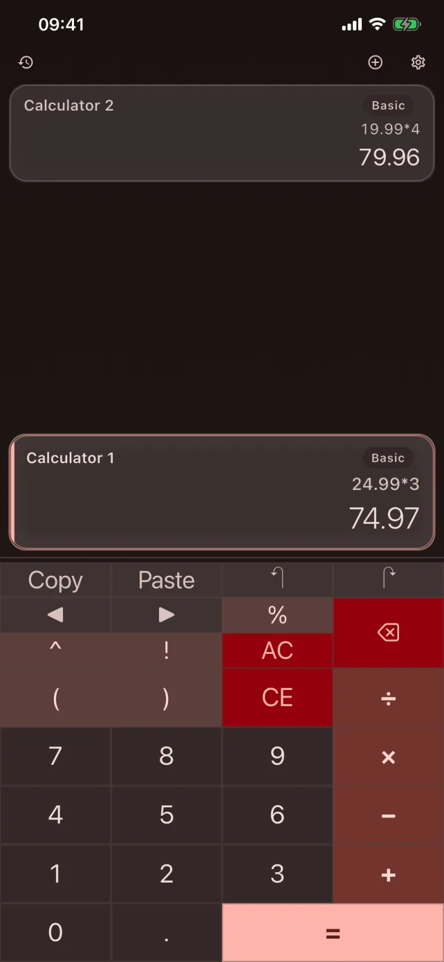 CalcBoard on iPhone running two calculator panels side by side in the dark Coral theme