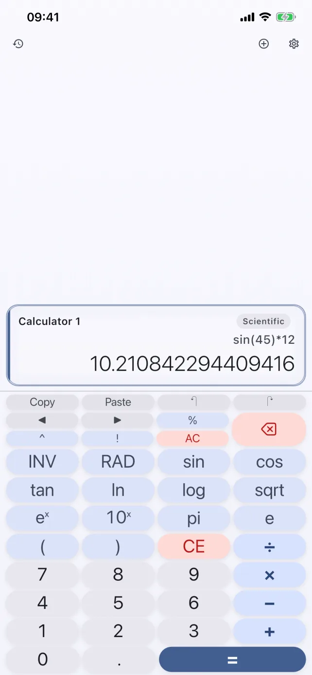 CalcBoard scientific calculator mode on iPhone with sin, cos, tan, ln, log and DEG/RAD keys
