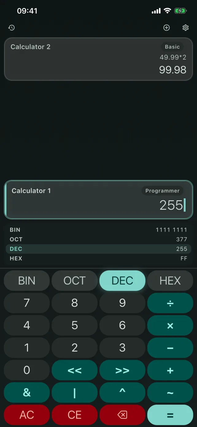 CalcBoard programmer calculator on iPhone showing one value in binary, octal, decimal and hexadecimal simultaneously