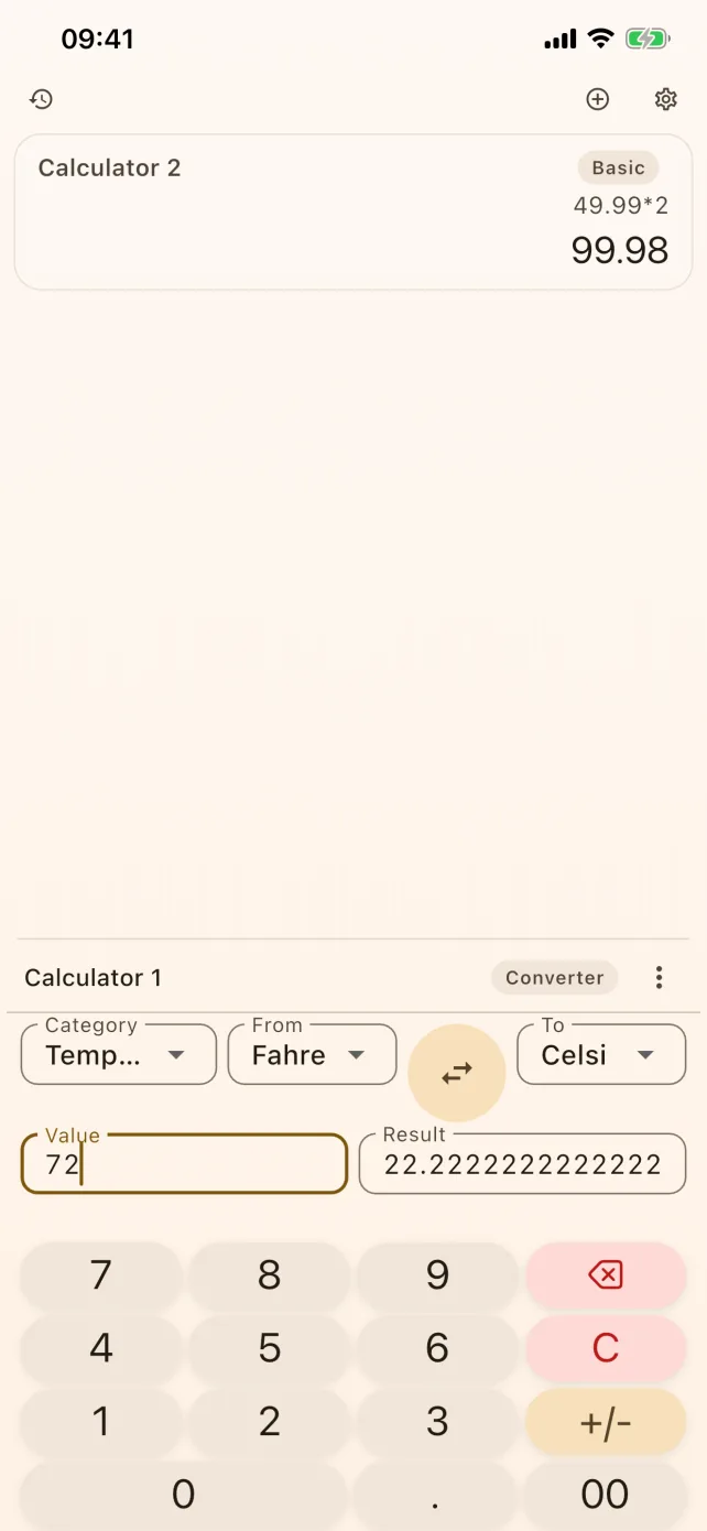 CalcBoard unit converter on iPhone converting temperature in the Amber theme