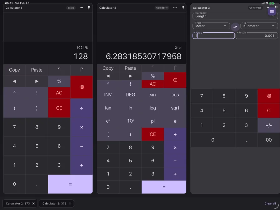 CalcBoard on iPad showing a multi-panel calculator grid in landscape
